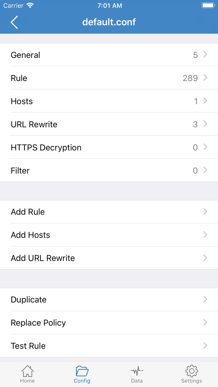 Shadowrocket configuration editor showing General, Rule, Hosts, URL Rewrite, and HTTPS Decryption sections, plus the Add Rule option